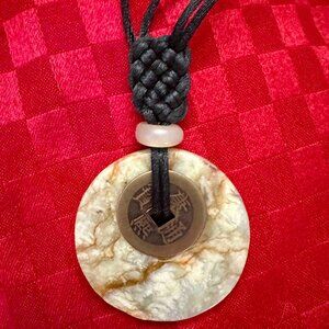 Vintage Large Chinese Jade Disc coin necklace bag charm silk cord